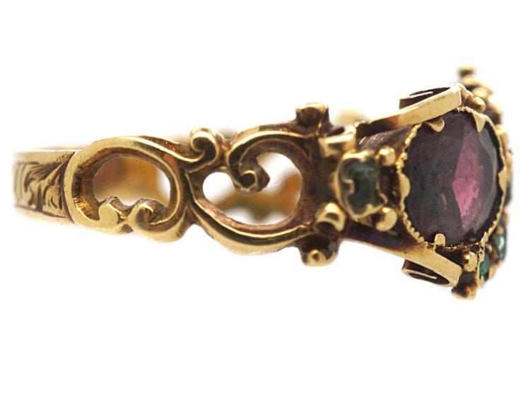 Georgian 15ct Gold, Almandine Garnet & Emerald Crossover Ring