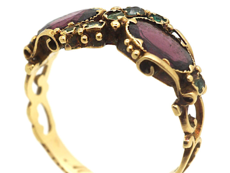 Georgian 15ct Gold, Almandine Garnet & Emerald Crossover Ring