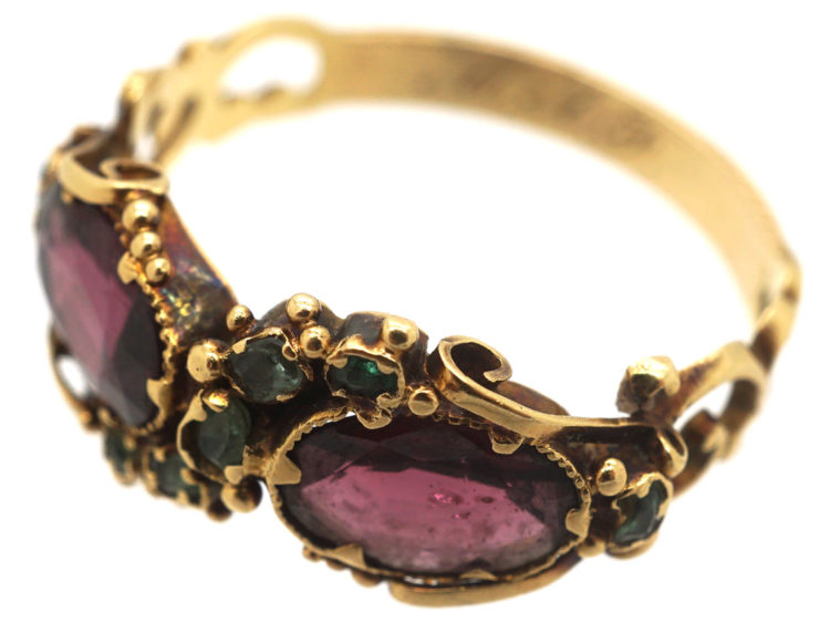Georgian 15ct Gold, Almandine Garnet & Emerald Crossover Ring
