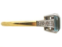 Art Deco 18ct Gold, Rectangular Aquamarine & Diamond Ring