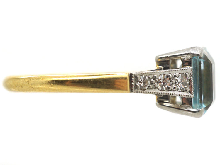 Art Deco 18ct Gold, Rectangular Aquamarine & Diamond Ring