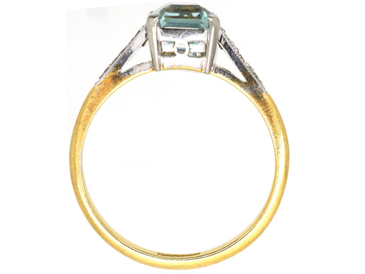 Art Deco 18ct Gold, Rectangular Aquamarine & Diamond Ring
