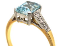 Art Deco 18ct Gold, Rectangular Aquamarine & Diamond Ring