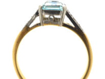 Art Deco 18ct Gold, Rectangular Aquamarine & Diamond Ring