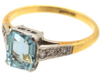 Art Deco 18ct Gold, Rectangular Aquamarine & Diamond Ring