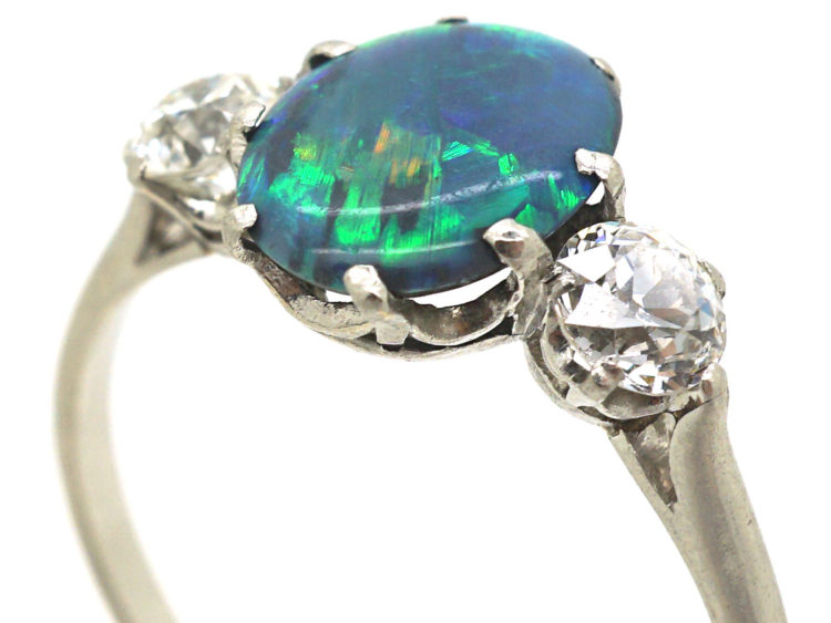 Art Deco 18ct Gold Black Opal & Diamond Ring