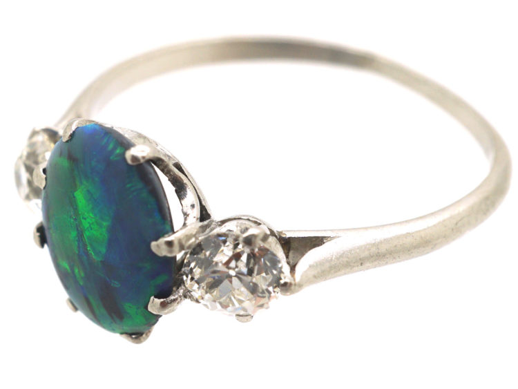 Art Deco 18ct Gold Black Opal & Diamond Ring