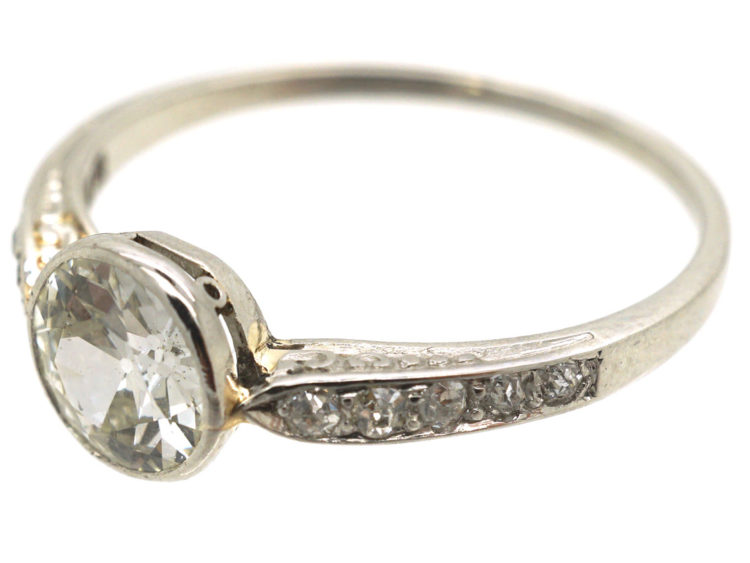 Art Deco Platinum, Diamond Solitaire Ring with Diamond Set Shoulders