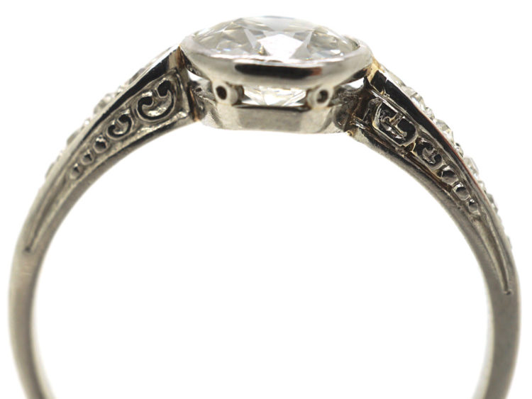 Art Deco Platinum, Diamond Solitaire Ring with Diamond Set Shoulders