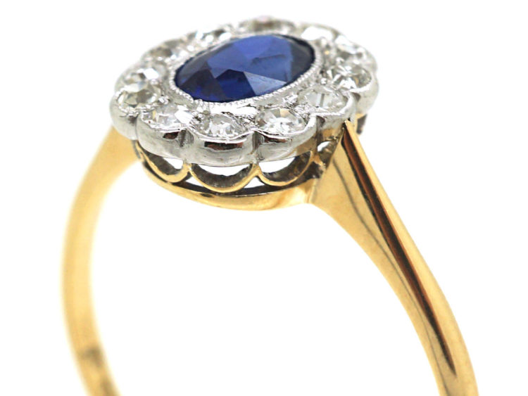 Edwardian 18ct Gold & Platinum, Sapphire & Diamond Oval Cluster Ring