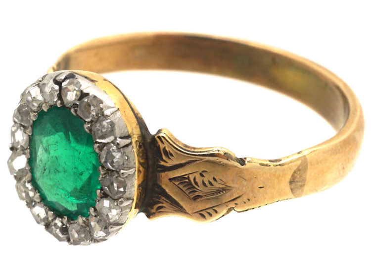 Victorian 18ct Gold, Diamond & Emerald Oval Cluster Ring