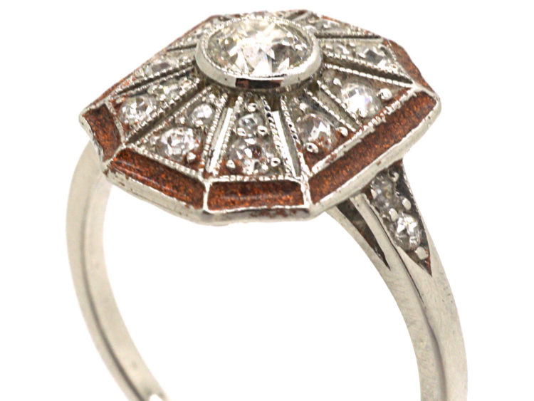 Art Deco Platinum, Enamel & Diamond Octagonal Shaped Ring