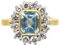 18ct Gold, Octagonal Aquamarine & Diamond Cluster Ring