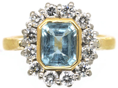 18ct Gold, Octagonal Aquamarine & Diamond Cluster Ring