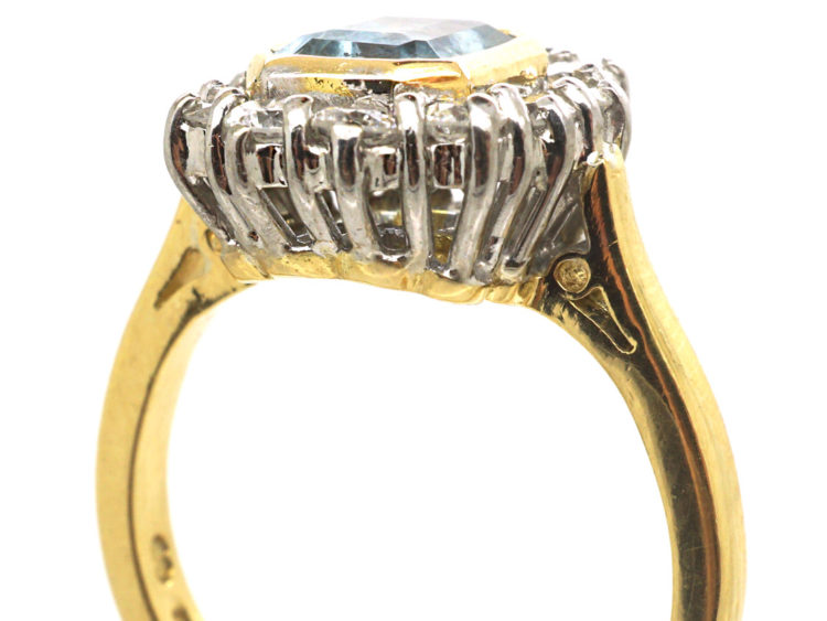 18ct Gold, Octagonal Aquamarine & Diamond Cluster Ring