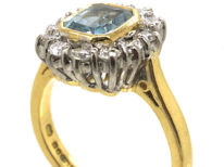 18ct Gold, Octagonal Aquamarine & Diamond Cluster Ring