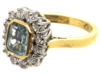 18ct Gold, Octagonal Aquamarine & Diamond Cluster Ring