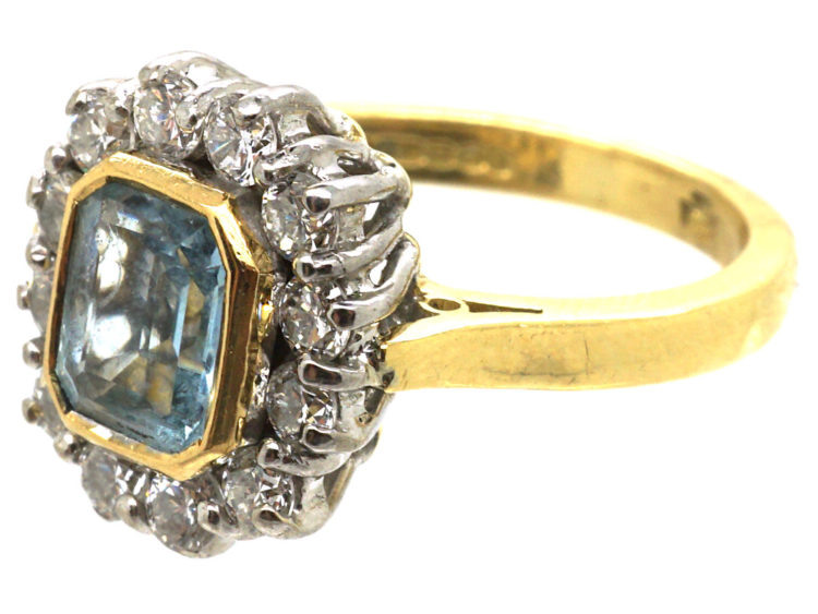 18ct Gold, Octagonal Aquamarine & Diamond Cluster Ring