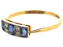 Art Deco 18ct Gold & Platinum, Three Stone French Cut Sapphire & Diamond Ring