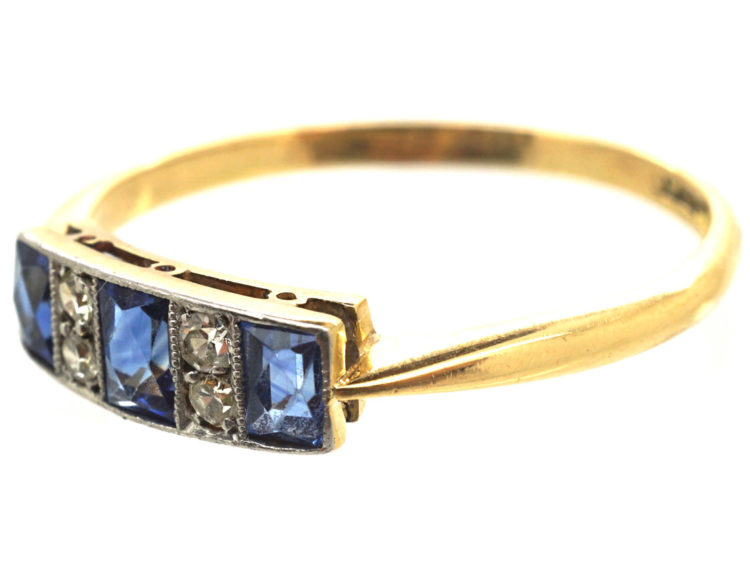 Art Deco 18ct Gold & Platinum, Three Stone French Cut Sapphire & Diamond Ring