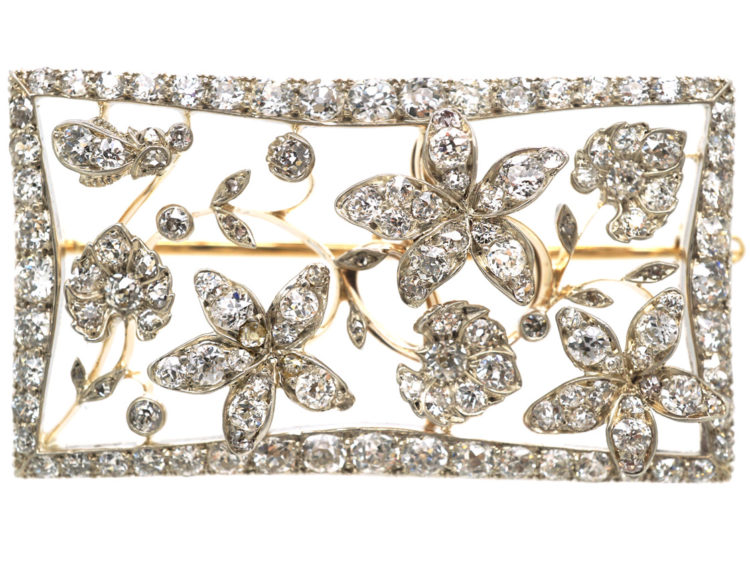 Edwardian Rectangular Shaped Diamond Flower Brooch in Original Case