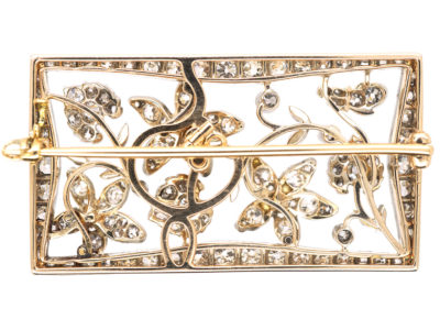 Edwardian Rectangular Shaped Diamond Flower Brooch in Original Case
