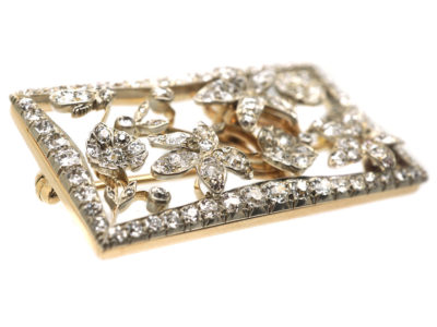 Edwardian Rectangular Shaped Diamond Flower Brooch in Original Case