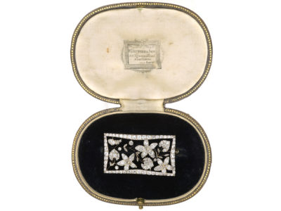 Edwardian Rectangular Shaped Diamond Flower Brooch in Original Case