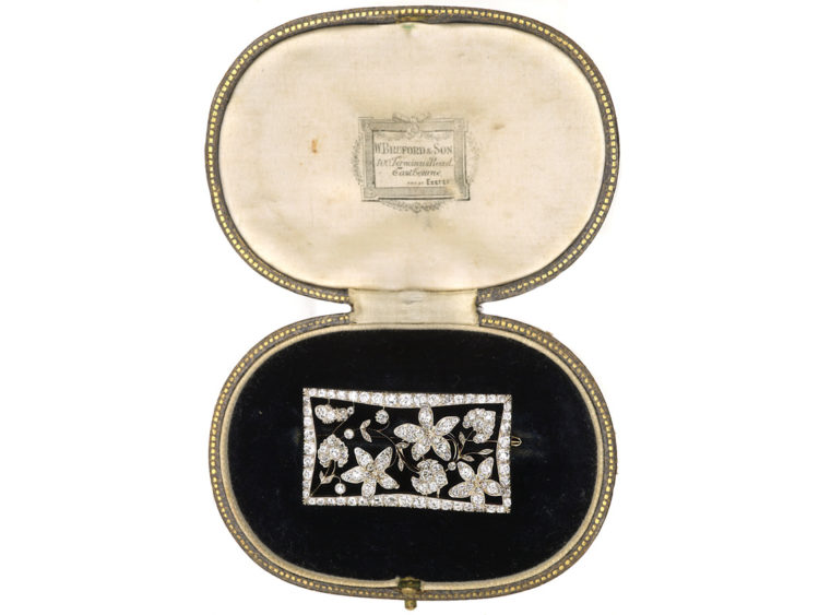 Edwardian Rectangular Shaped Diamond Flower Brooch in Original Case