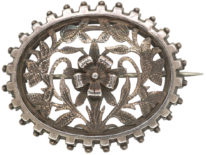 Victorian Oval Silver Brooch with Flower Motif