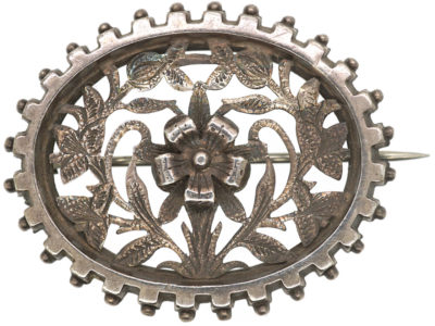 Victorian Oval Silver Brooch with Flower Motif