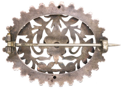 Victorian Oval Silver Brooch with Flower Motif