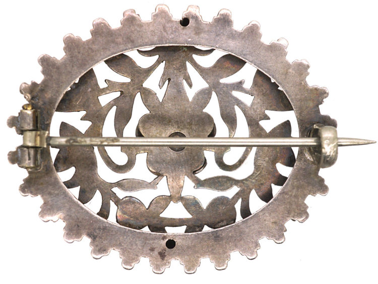 Victorian Oval Silver Brooch with Flower Motif