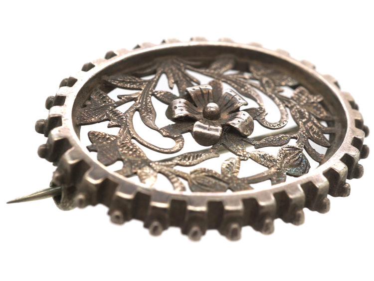 Victorian Oval Silver Brooch with Flower Motif