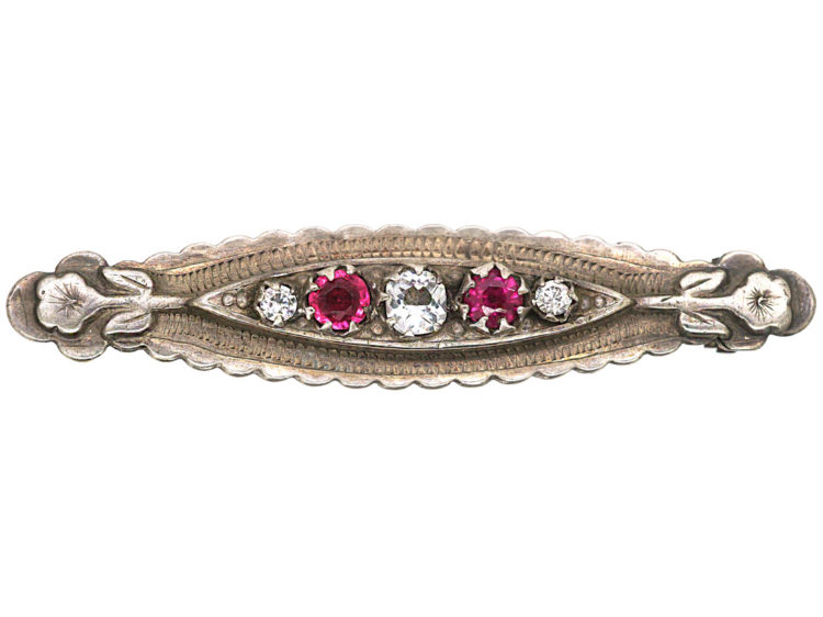 Victorian Silver & Red & White Paste Brooch