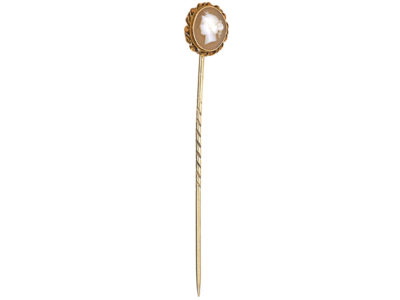 Victorian 15ct Gold & Shell Cameo Tie Pin of a Classical Lady's Head