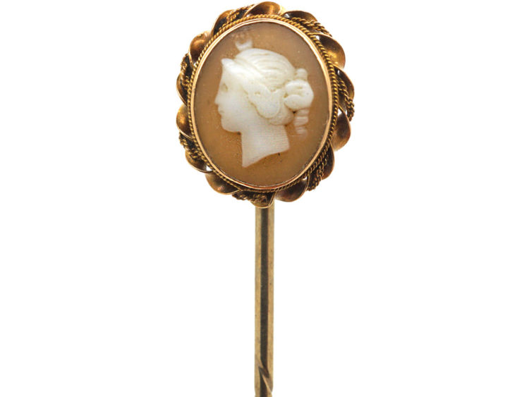 Victorian 15ct Gold & Shell Cameo Tie Pin of a Classical Lady's Head