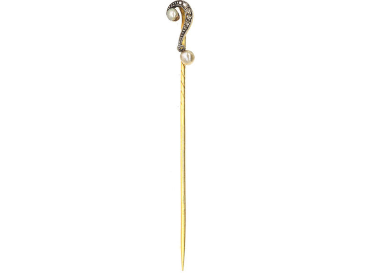 Edwardian 15ct Gold Question Mark Tie Pin set with Diamonds & Natural Pearls