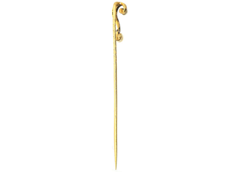 Edwardian 15ct Gold Question Mark Tie Pin set with Diamonds & Natural Pearls