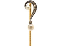Edwardian 15ct Gold Question Mark Tie Pin set with Diamonds & Natural Pearls