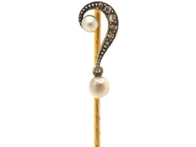 Edwardian 15ct Gold Question Mark Tie Pin set with Diamonds & Natural Pearls