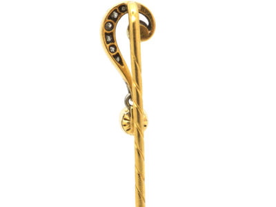 Edwardian 15ct Gold Question Mark Tie Pin set with Diamonds & Natural Pearls