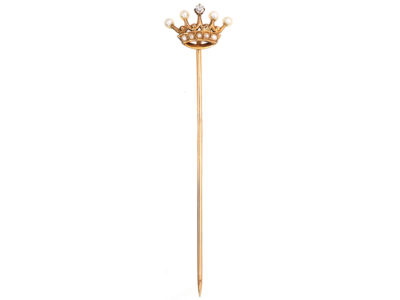 Edwardian 15ct Gold, Diamond & Natural Split Pearl Crown Tie Pin
