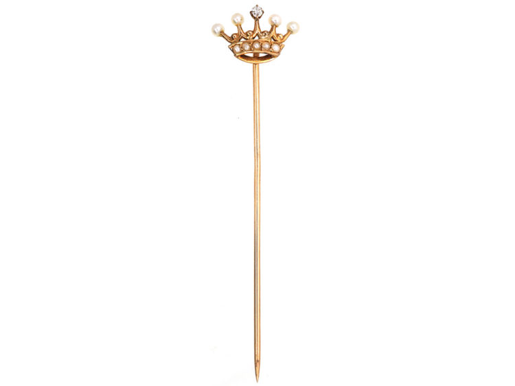 Edwardian 15ct Gold, Diamond & Natural Split Pearl Crown Tie Pin