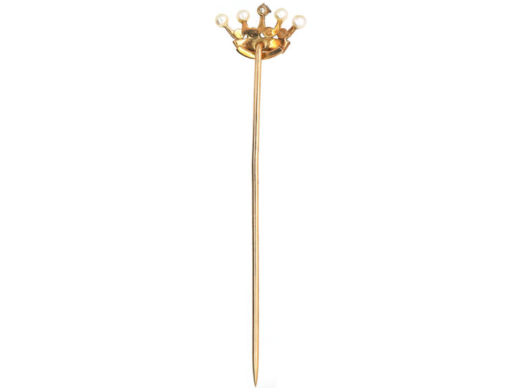 Edwardian 15ct Gold, Diamond & Natural Split Pearl Crown Tie Pin