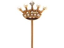 Edwardian 15ct Gold, Diamond & Natural Split Pearl Crown Tie Pin