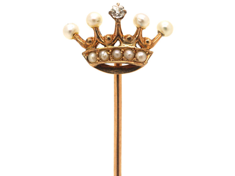 Edwardian 15ct Gold, Diamond & Natural Split Pearl Crown Tie Pin