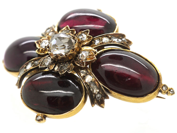 Victorian Cabochon Garnet & Rose Diamond Brooch