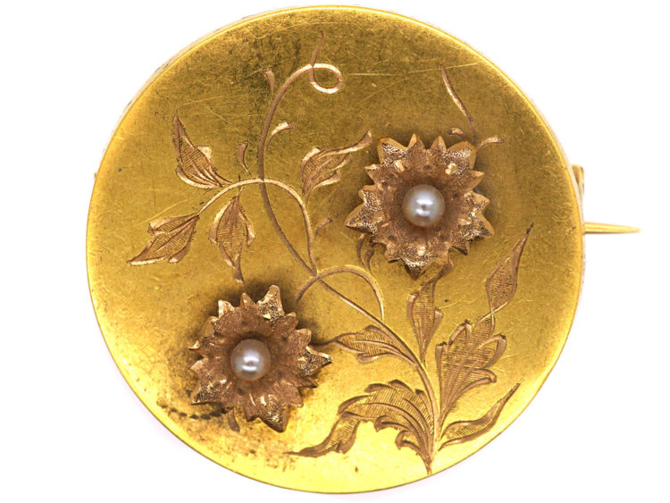 Victorian French 18ct Gold & Natural Pearl Round Brooch with Flowers Motif