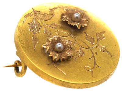 Victorian French 18ct Gold & Natural Pearl Round Brooch with Flowers Motif